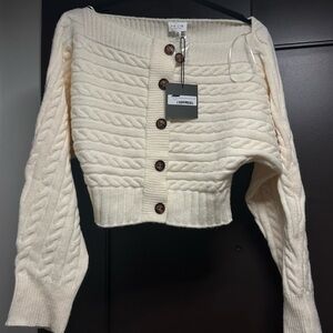 Le Lis Cream Button-Up Cable Knit Off The Shoulder Cardigan